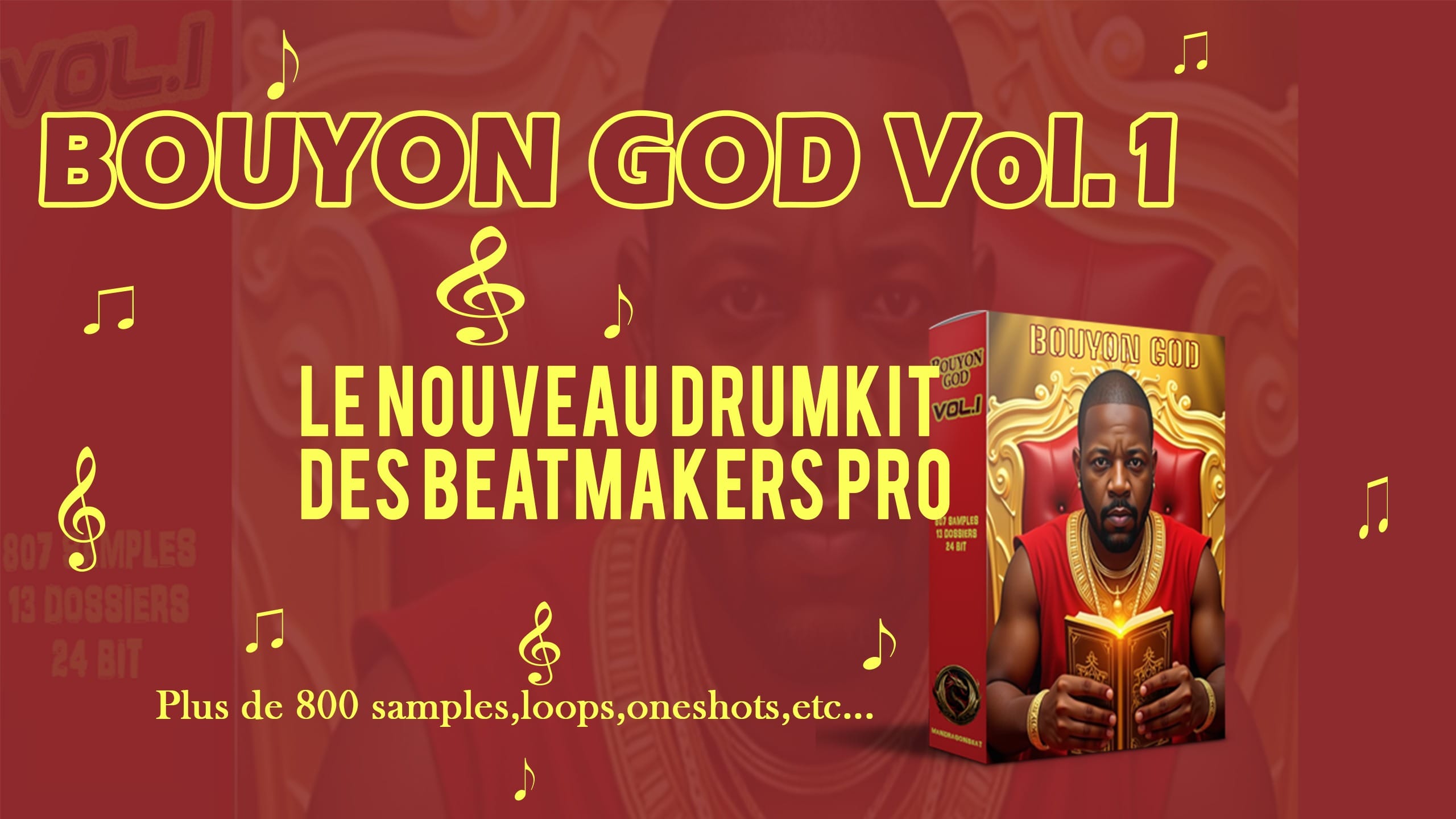 Flyer rouge et jaune du BOUYON GOD Vol.1 avec la boîte du drumkit