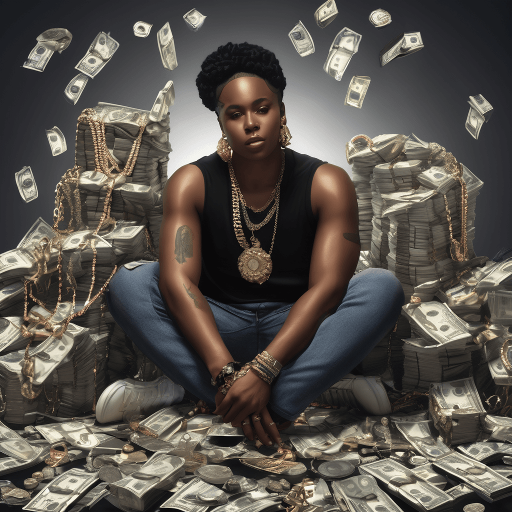 une belle et jeune artiste R&B noire assise sur un tas de dollars et de bijoux