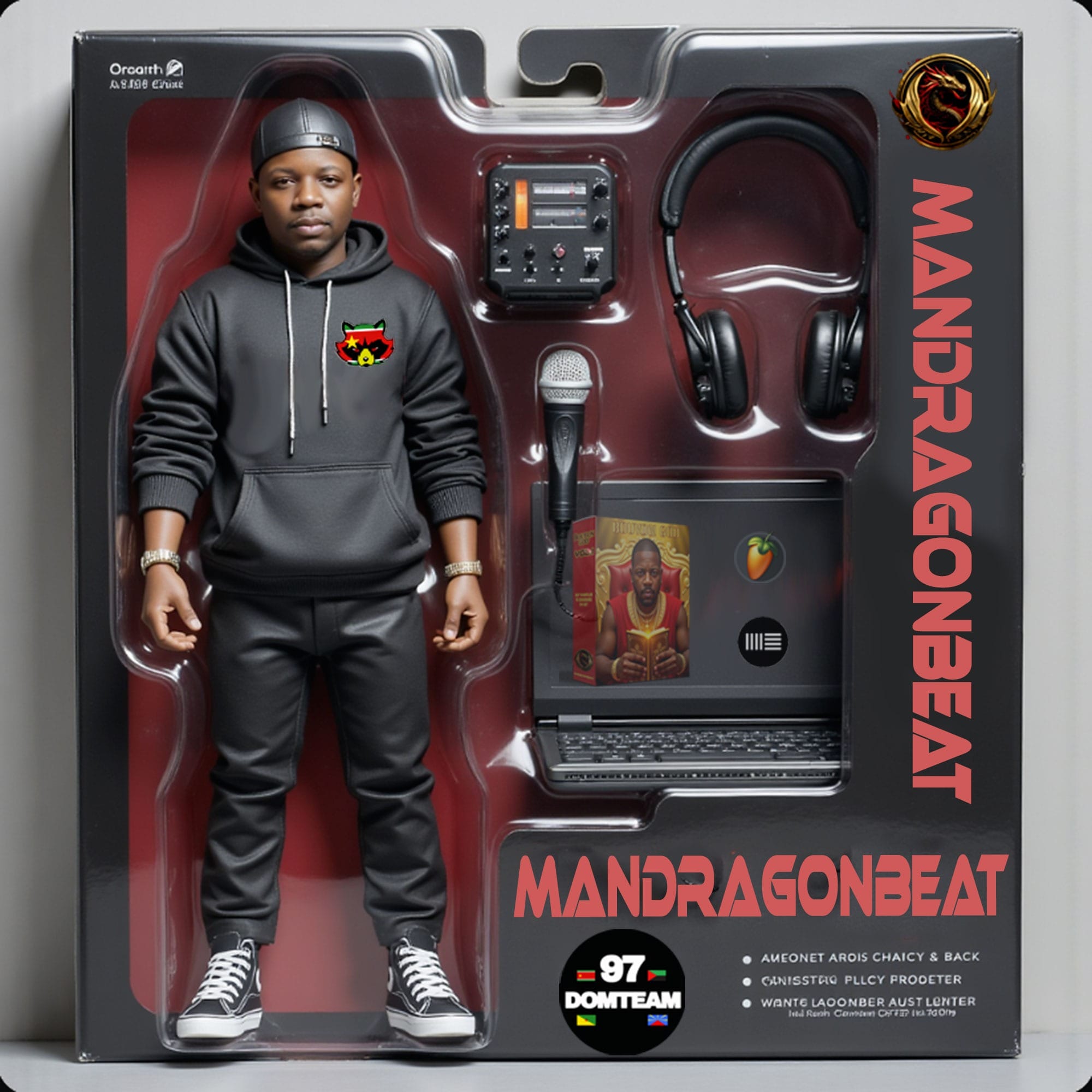 Figurine de Mandragonbeat avec micro, casque, ordinateur et carte son