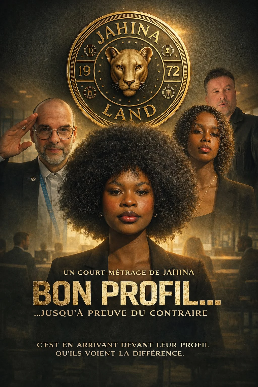 Affiche de Bon Profil… Jusqu’à preuve du contraire, avec quatre personnages et l’emblème Jahina Land.