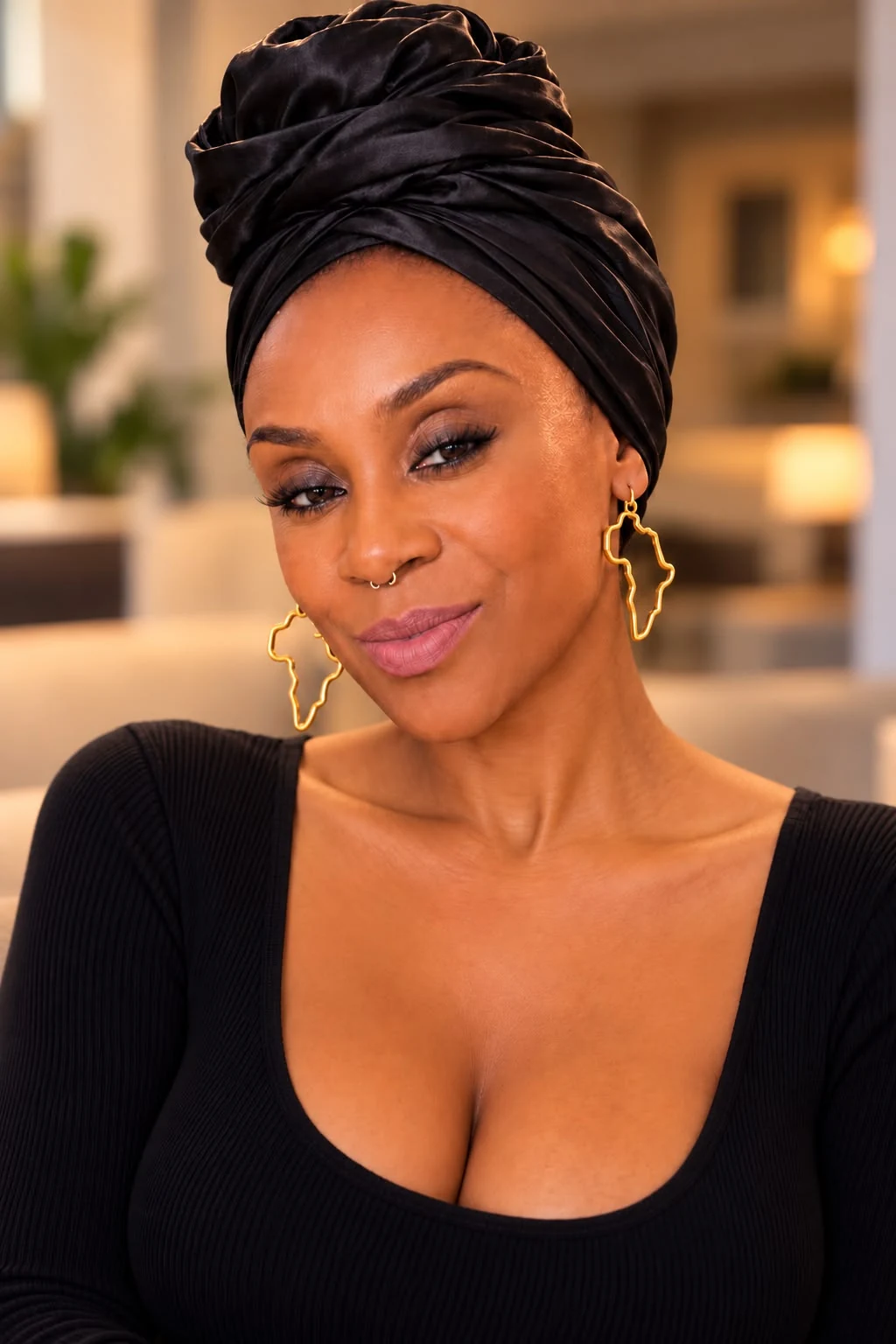 Jahina Noël portant un turban noir et des boucles d’oreilles en forme d’Afrique.